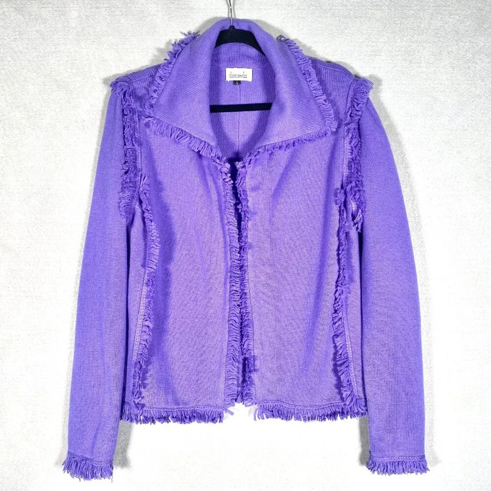 Vintage Diane Sayder Cashmere Sweater Womens L Purple Cardigan Fringe
